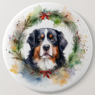 Bernese Mountain Christmas Wreath Festive Pup 6 Cm Round Badge