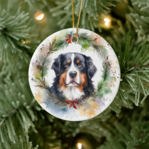 Bernese Mountain Christmas Wreath Festive Pup  Ceramic Ornament