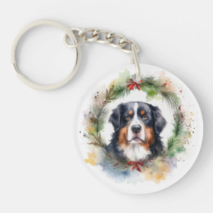Bernese Mountain Christmas Wreath Festive Pup Key Ring