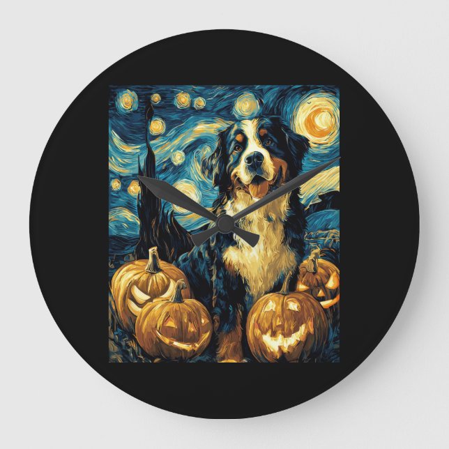 Bernese Mountain Cute Dog Halloween Jack O Lantern Large Clock (Front)