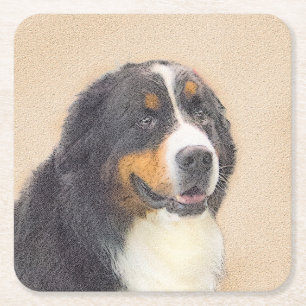 Bernese Mountain Dog 2 Painting - Original Dog Art Square Paper Coaster