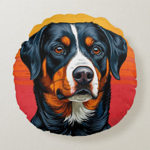 Bernese Mountain Dog Against Warm Sunset Colours Round Cushion