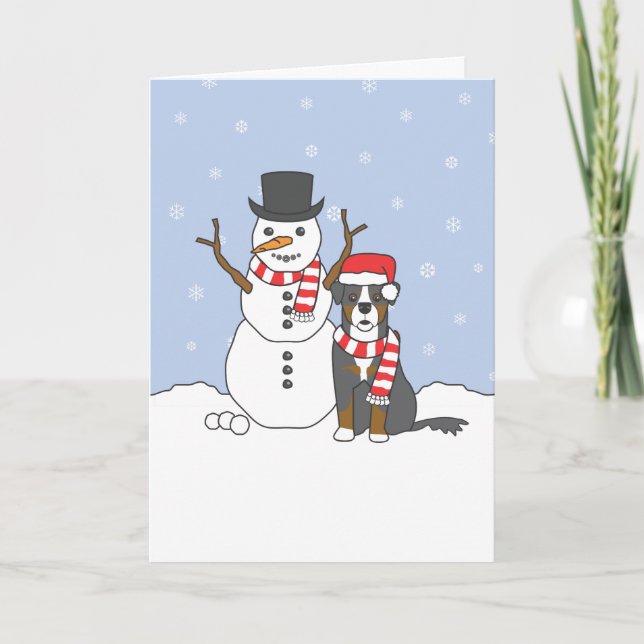 Bernese Mountain Dog and Snowman Holiday Card (Front)