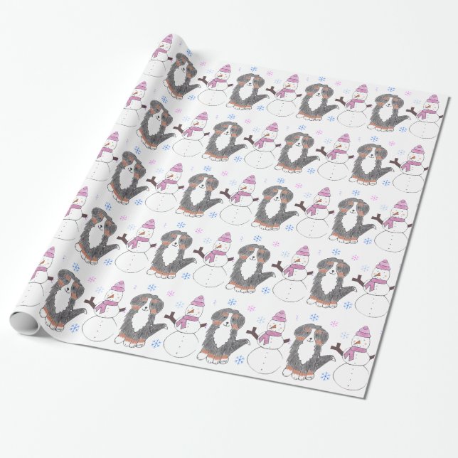 Bernese Mountain Dog And Snowman Wrapping Paper (Unrolled)