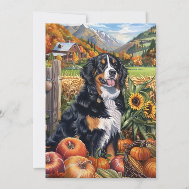 Bernese Mountain Dog Autumn Harvest Thanksgiving Holiday Card (Front)