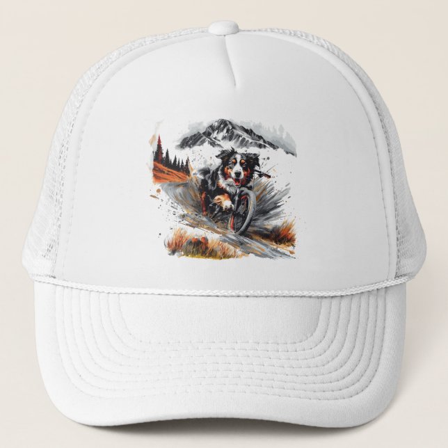 Bernese Mountain Dog Biking In The Mountains Trucker Hat (Front)