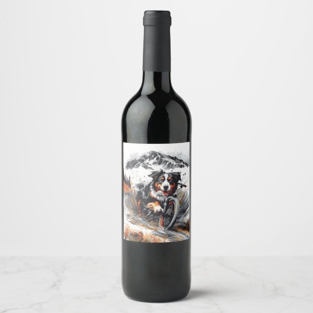 Bernese Mountain Dog Biking In The Mountains Wine Label (Front)