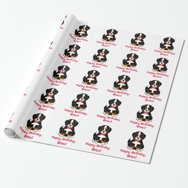 Bernese Mountain Dog Bow Tie Birthday Customizable Wrapping Paper (Unrolled)