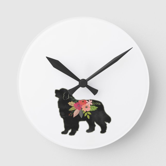 Bernese Mountain Dog Breed Boho Floral Silhouette Round Clock (Front)