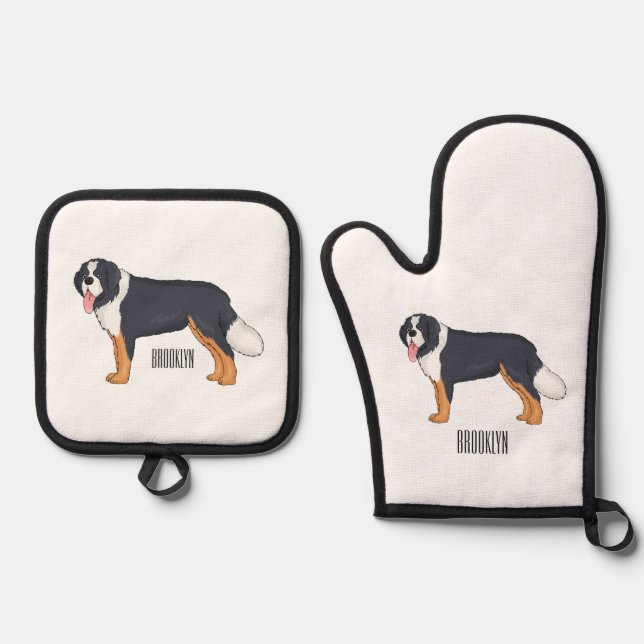 Bernese mountain dog cartoon illustration oven mitt & pot holder set (Front)