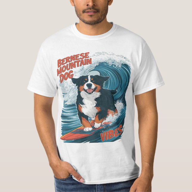 Bernese Mountain Dog Catching Waves Surfing T-Shirt (Front)