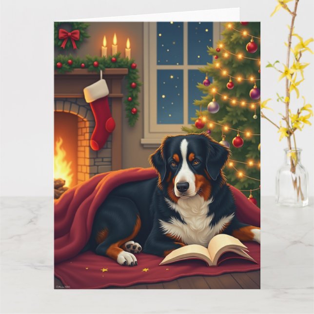 Bernese Mountain Dog Christmas Bedtime Story Card (Yellow Flower)