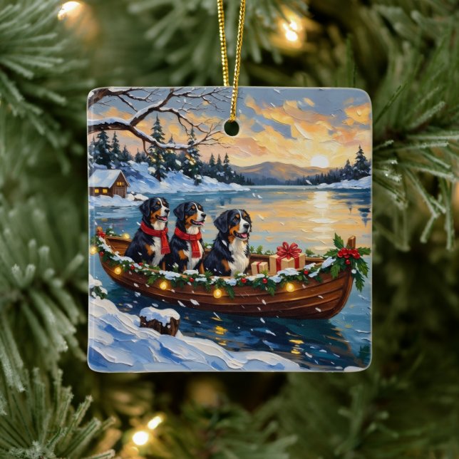 Bernese Mountain Dog Christmas Boat Holiday Ceramic Ornament (Tree)