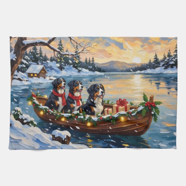Bernese Mountain Dog Christmas Boat Holiday Tea Towel (Horizontal)