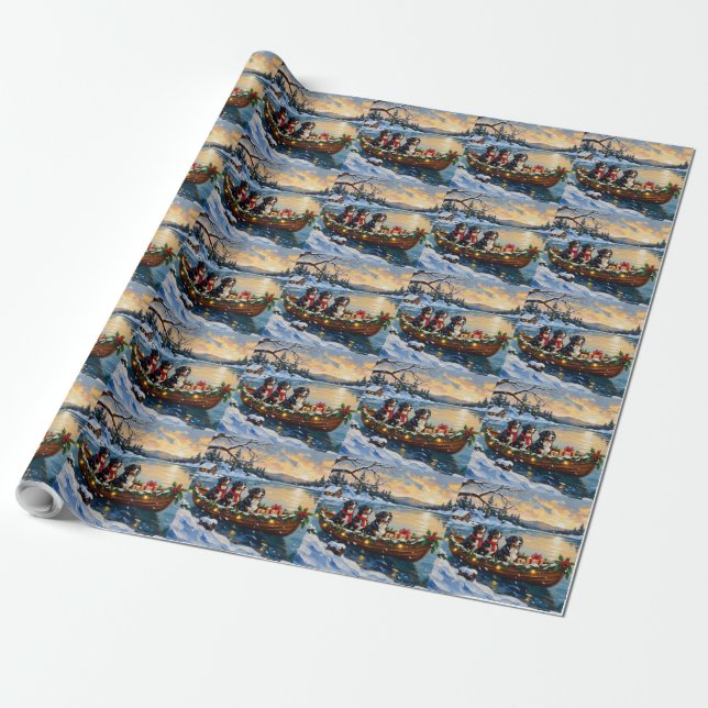 Bernese Mountain Dog Christmas Boat Holiday Wrapping Paper (Unrolled)