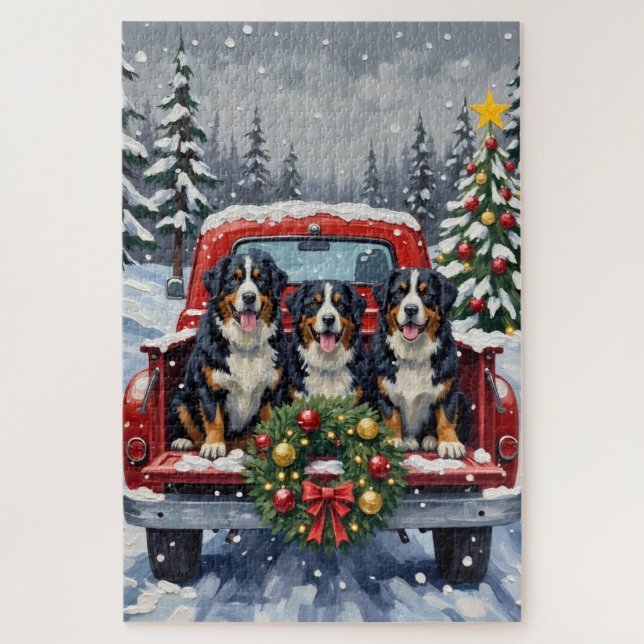 Bernese Mountain Dog Christmas Red Truck Holiday Jigsaw Puzzle (Vertical)