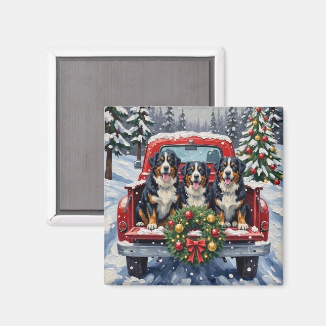 Bernese Mountain Dog Christmas Red Truck Holiday Magnet (Front/Back)