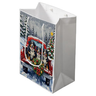 Bernese Mountain Dog Christmas Red Truck Holiday Medium Gift Bag