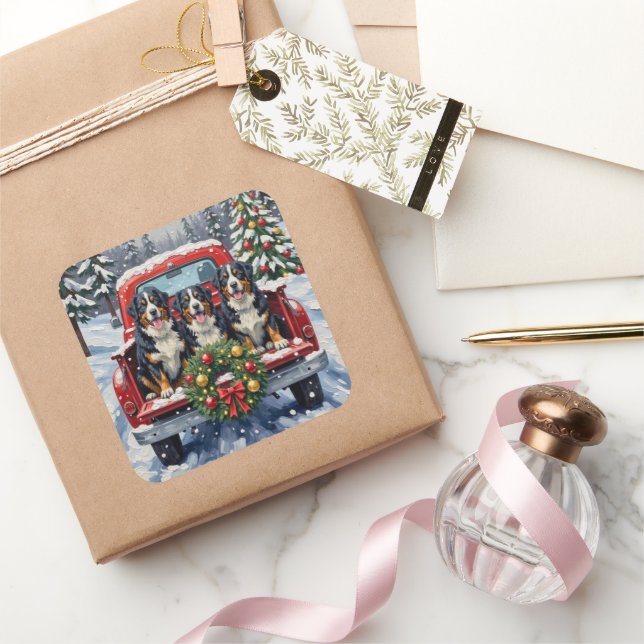 Bernese Mountain Dog Christmas Red Truck Holiday Square Sticker (Gifting)