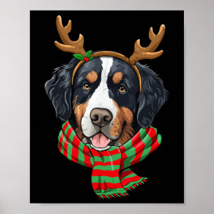 Bernese Mountain Dog Christmas Reindeer Santa Hat Poster