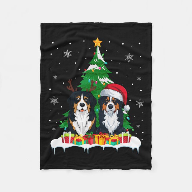 Bernese Mountain Dog Christmas Tree Lights Santa R Fleece Blanket (Front)