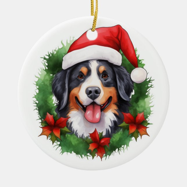 Bernese Mountain Dog Christmas Wreath Ceramic Ornament (Front)