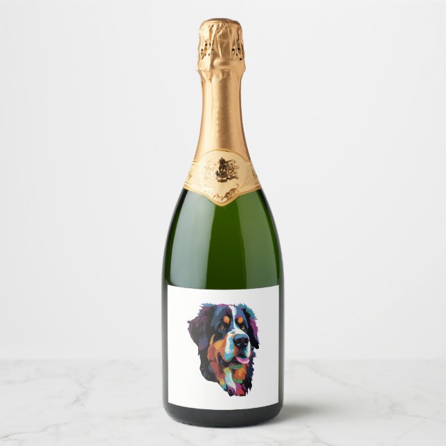 Bernese Mountain Dog Colourful  Sparkling Wine Label (Front)
