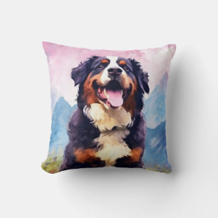 Bernese Mountain dog colourful watercolor artwork Cushion