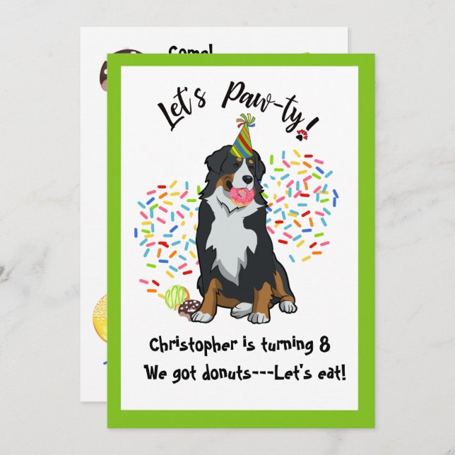 Bernese Mountain Dog Doughnut Birthday Party Invit Card (Front/Back)