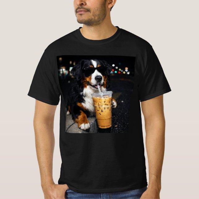 Bernese Mountain Dog  Drinking Iced Coffee  T-Shirt (Front)