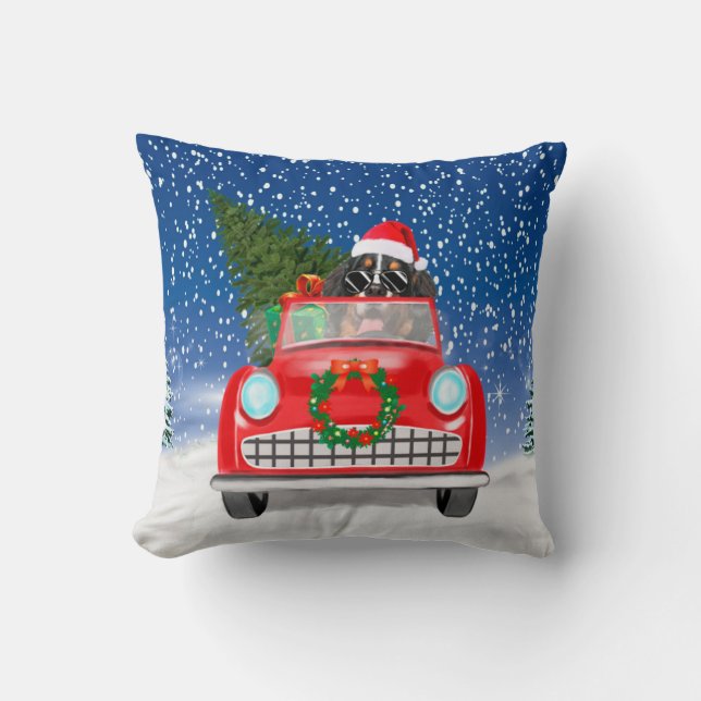 Bernese Mountain Dog Driving Car In Snow Christmas Cushion (Front)