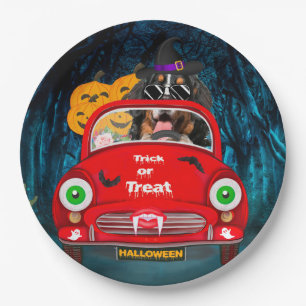 Bernese Mountain Dog Driving Car Scary Halloween Paper Plate