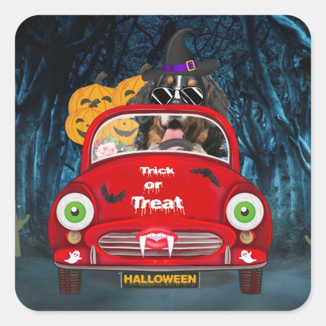 Bernese Mountain Dog Driving Car Scary Halloween  Square Sticker (Front)
