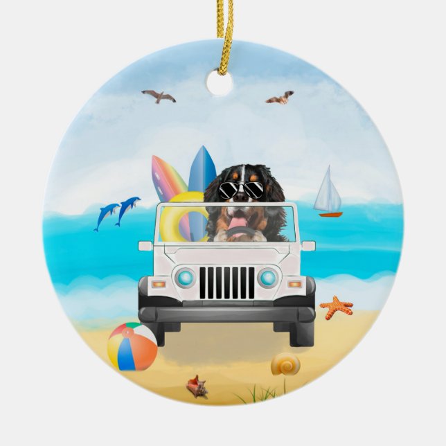 bernese mountain Dog Driving on Beach  Ceramic Ornament (Front)