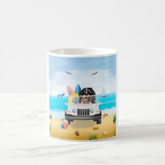bernese mountain Dog Driving on Beach Coffee Mug (Center)