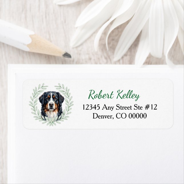 Bernese Mountain Dog Eucalyptus Leaf Wreath Return Address Label (Insitu)