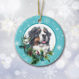 Bernese Mountain Dog Evergreen Snowflake Border Ceramic Ornament
