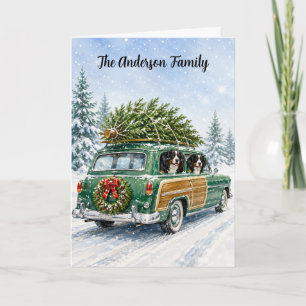 Bernese Mountain Dog Family Christmas Green Wagon Holiday Card