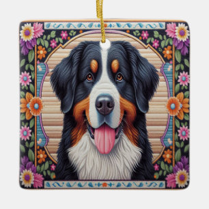 Bernese Mountain Dog Floral Colourful Border Ceramic Ornament