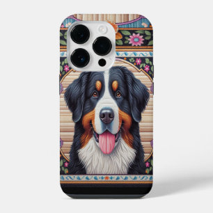 Bernese Mountain Dog Floral Colourful Border iPhone 14 Pro Case