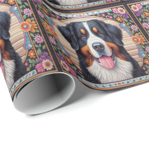 Bernese Mountain Dog Floral Colourful Border Wrapping Paper