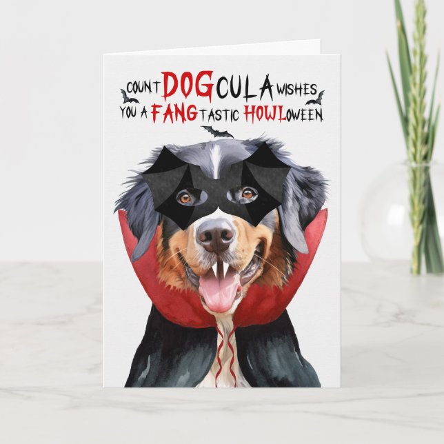 Bernese Mountain Dog Funny Count DOGcula Halloween Holiday Card (Front)