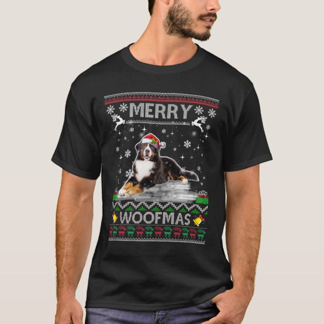 Bernese Mountain Dog Gift For Merry Christmas Woof T-Shirt (Front)