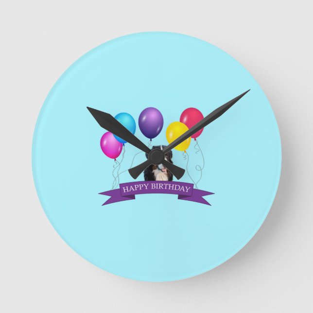 Bernese Mountain Dog Happy Birthday Round Clock (Front)