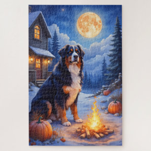 Bernese Mountain Dog Haunted Village Halloween Art Jigsaw Puzzle