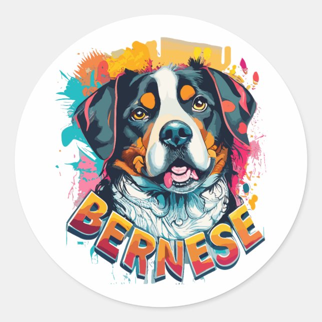 Bernese Mountain Dog Head Vibrant Colour Splash Classic Round Sticker (Front)