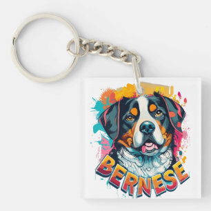 Bernese Mountain Dog Head Vibrant Colour Splash Key Ring