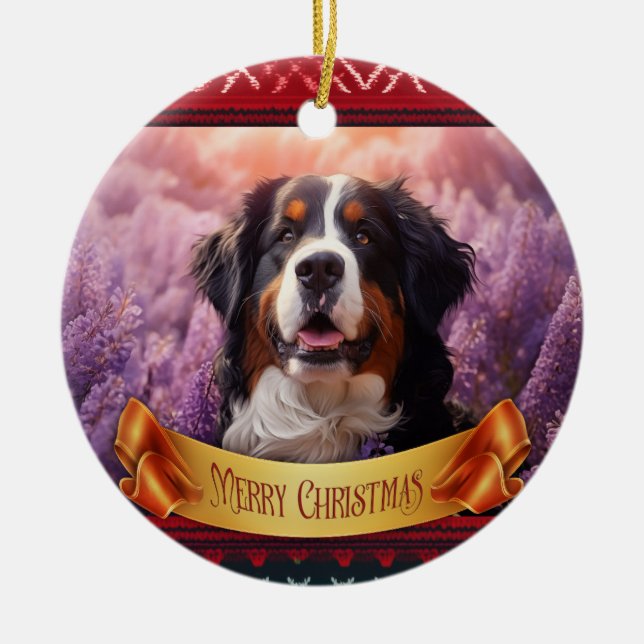 Bernese Mountain Dog in lavenders Ceramic Ornament (Front)