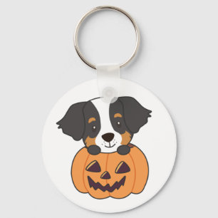 Bernese Mountain Dog In Pumpkin Dogs Happy Keychai Key Ring