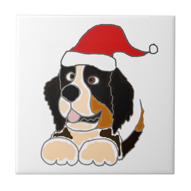 Bernese Mountain Dog in Santa Hat Christmas Art Ceramic Tile (Front)